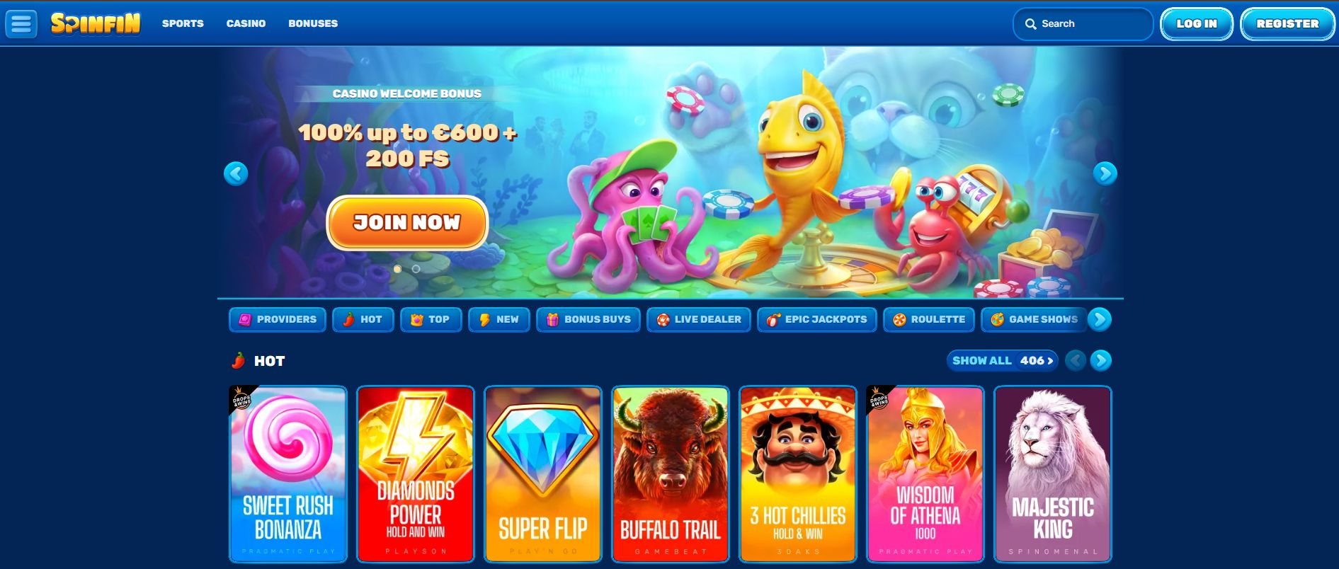 Online casino website header with cartoon underwater theme, showing octopus holding cards, fish holding poker chips, and crab with coins