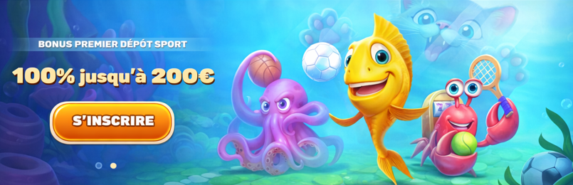 nderwater-themed casino promotion showing a smiling yellow fish spinning a wheel, a purple octopus holding cards, and a red crab slot-machine character surrounded by chips.