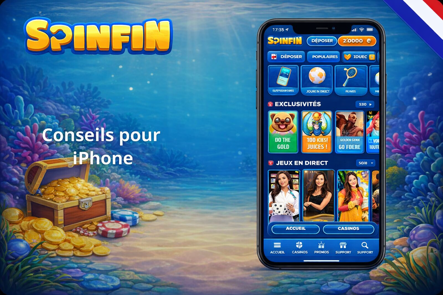 Smartphone showcasing the SpinFin website with game sections: Populaires (Popular), Top, and responsible gaming guidance.